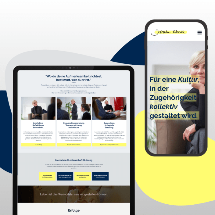 Landingpage und Conversionfunnel für Coach Jolanta Snyder auf Smartphone und Tablet mit emotionalem Webdesign und klarer Nutzerführung.